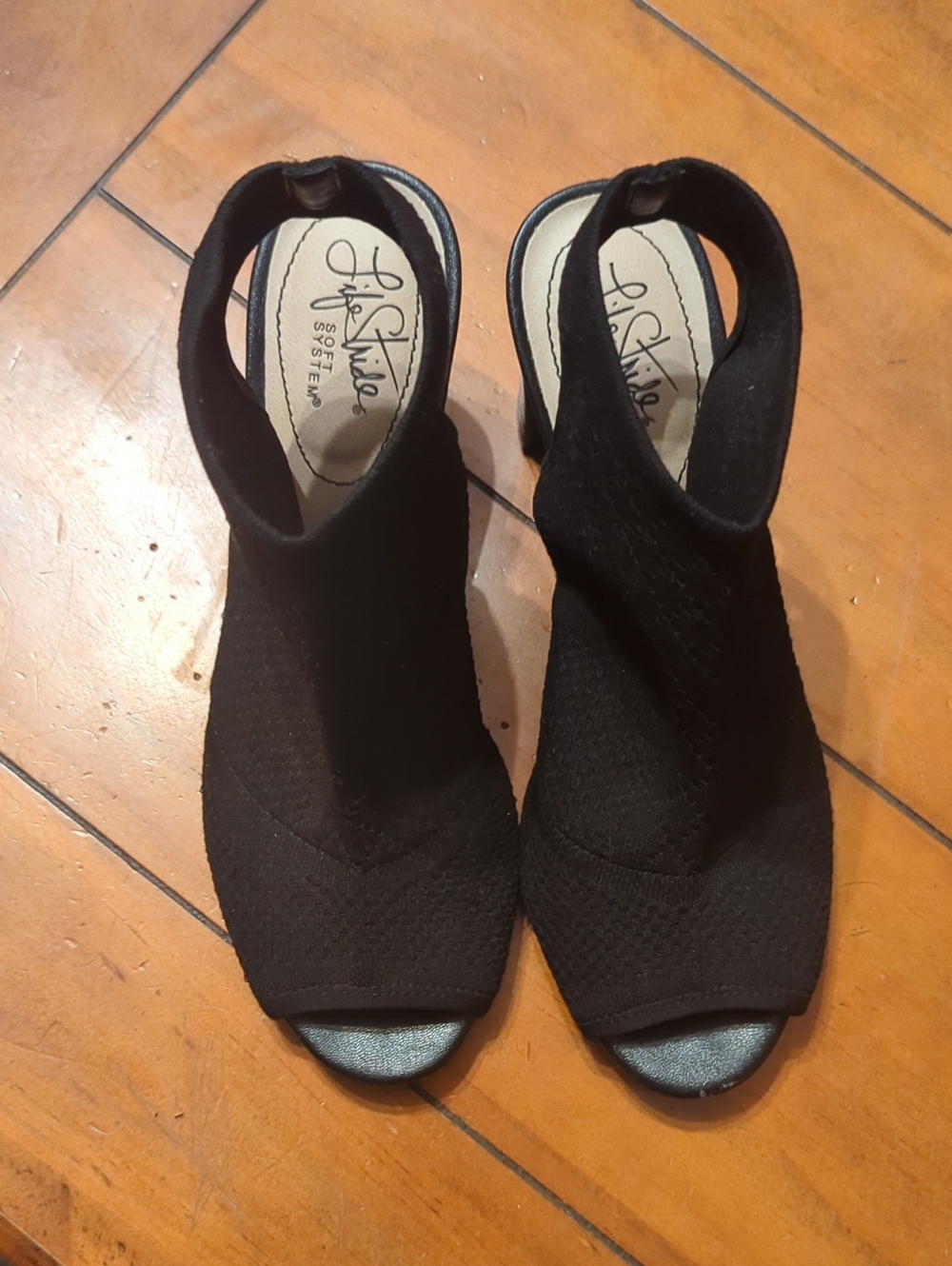 Life Stride Black Knit Peep-Toe Mules with Ankle Wrap